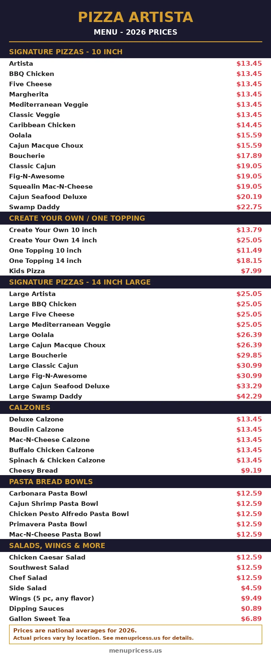 Pizza Artista menu prices menu card 2026 signature pizzas calzones pasta bowls