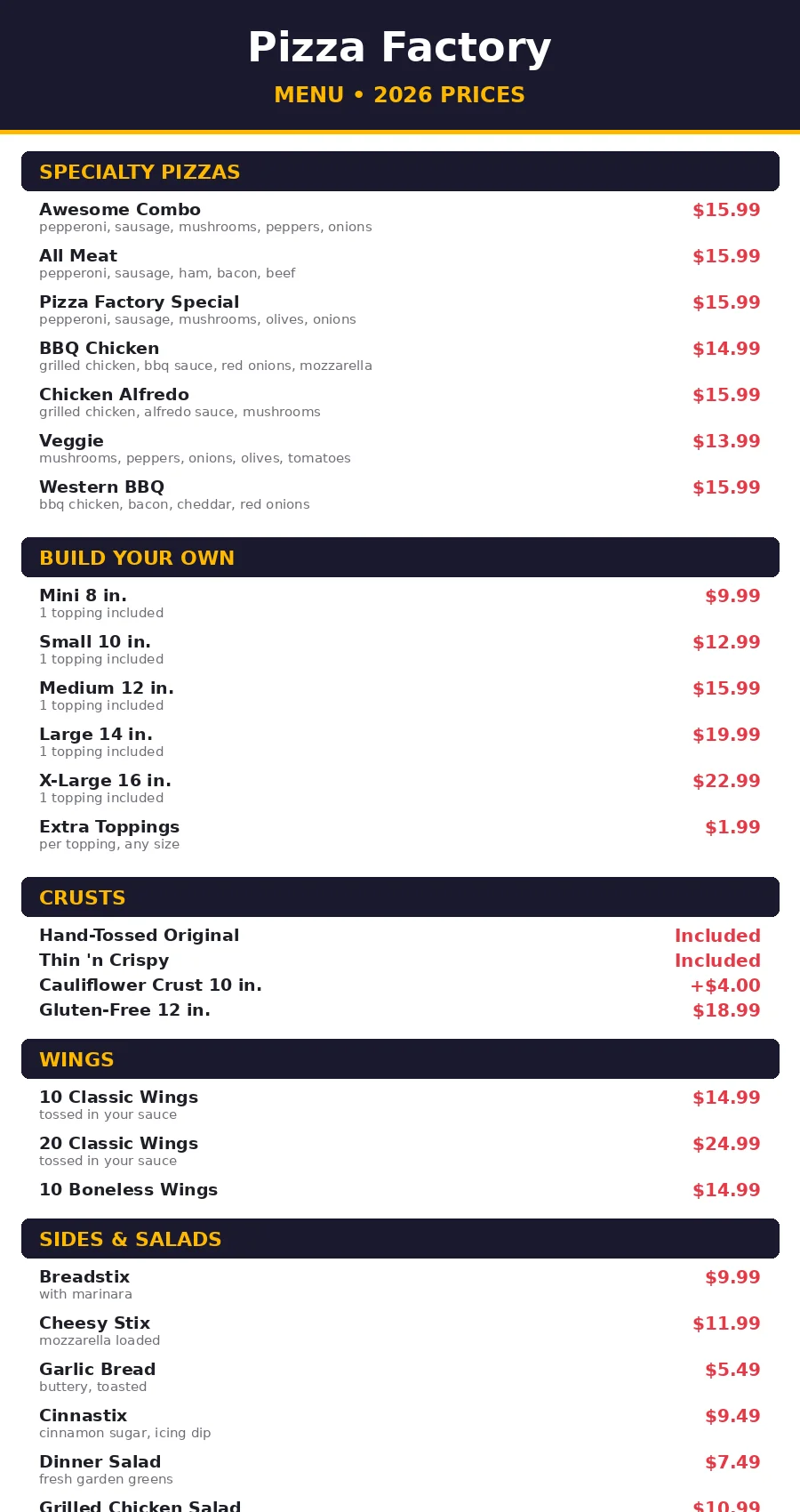 Pizza Factory menu card 2026 prices