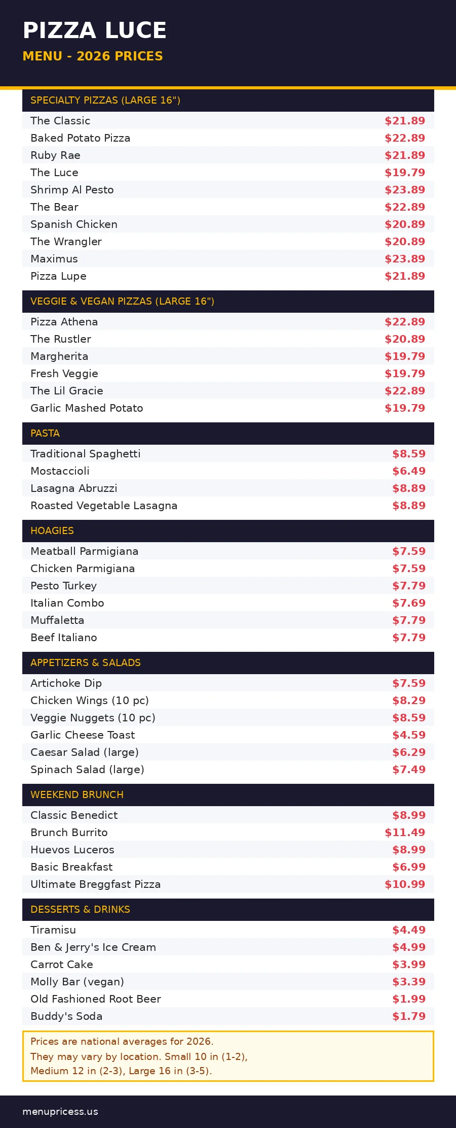 pizza luce menu prices 2026 full menu card