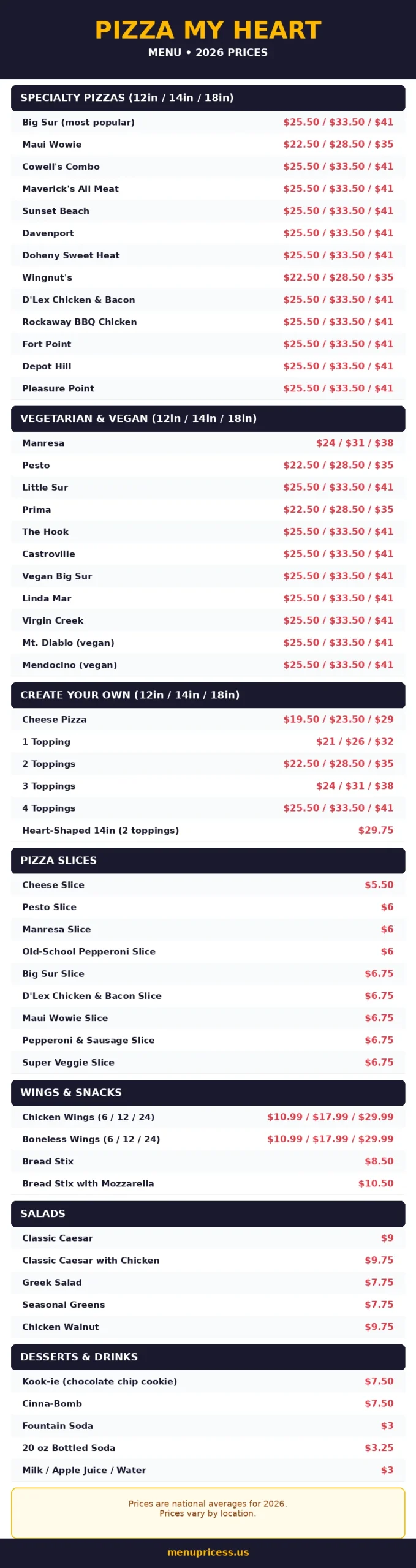 pizza my heart menu prices 2026 full menu card
