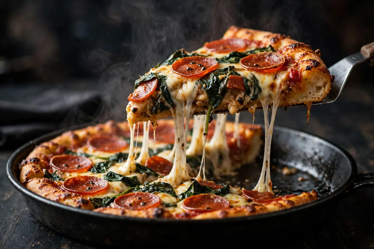 Pizza Papalis deep dish pizza slice with a long cheese pull, menu prices 2026