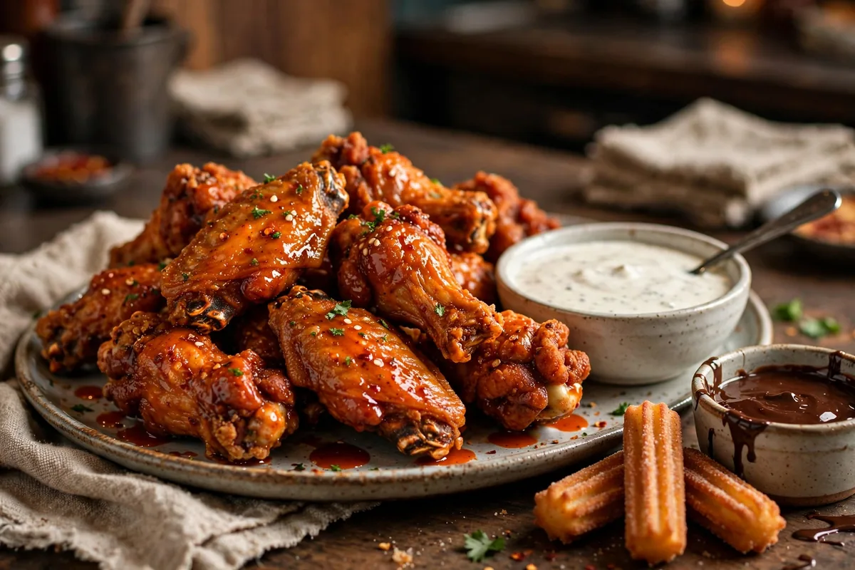 Pizza Patron wings and churros prices 2026, spicy buffalo wings with ranch and cinnamon churros