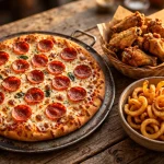 Pizza Pit menu prices 2026 - pepperoni pizza, chicken wings and curly fries spread