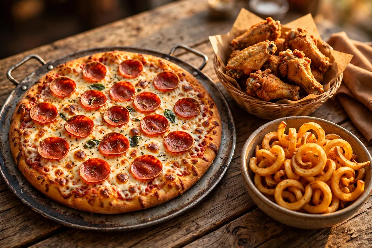 Pizza Pit menu prices 2026 - pepperoni pizza, chicken wings and curly fries spread