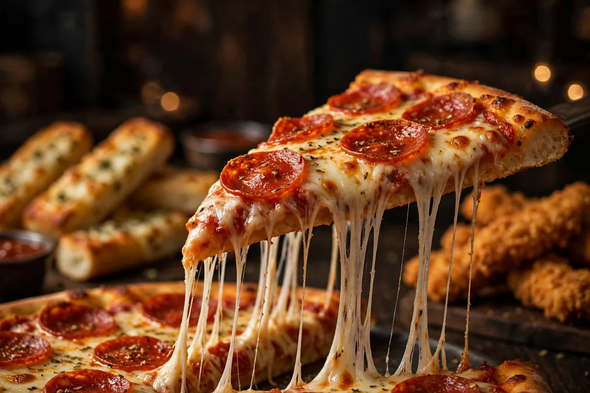 pizza pit menu prices 2026 - cheesy pepperoni pizza slice with chicken wings and breadsticks