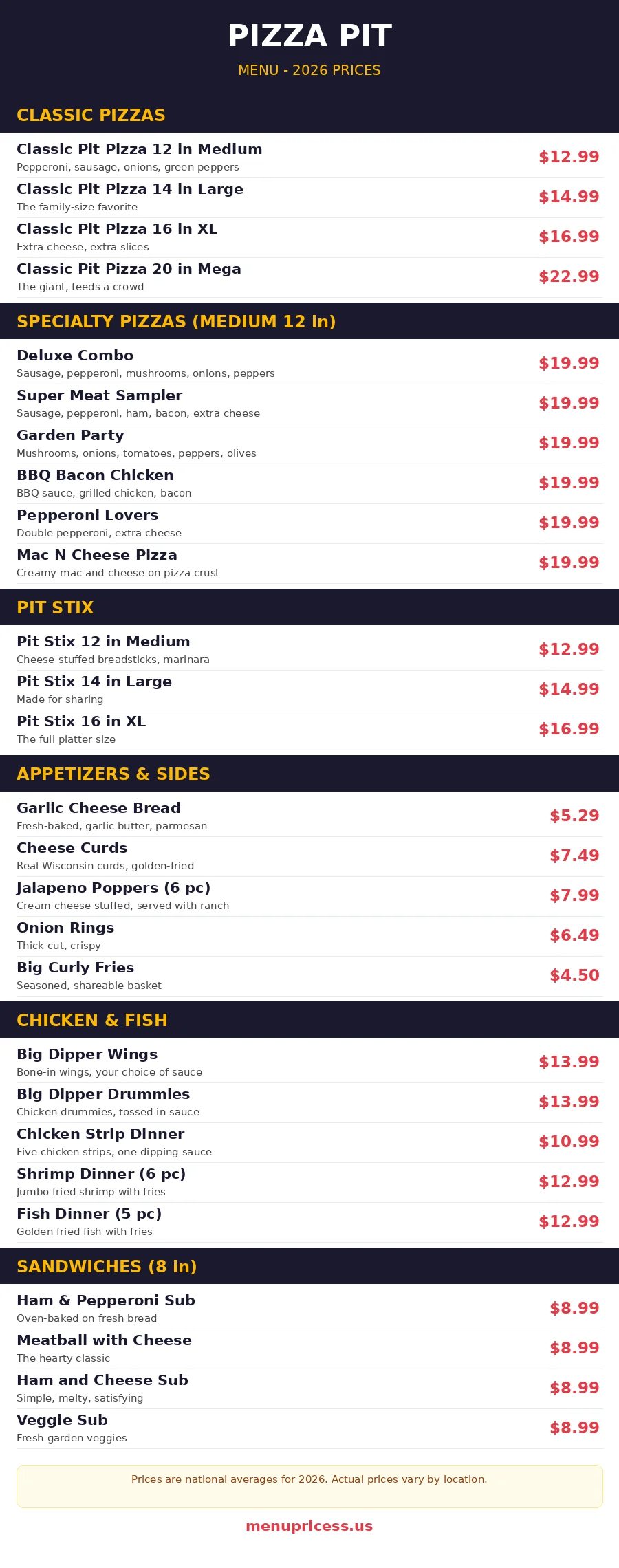 pizza pit menu card with prices 2026