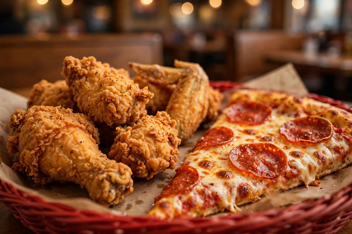 Pizza Ranch menu prices 2026 fried chicken and pepperoni pizza close-up