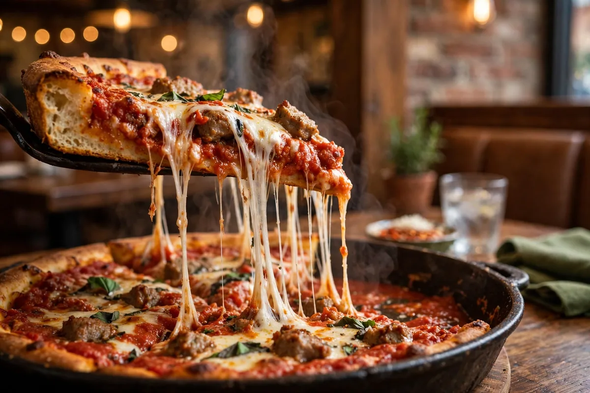 pizzeria uno menu prices 2026 deep dish pizza slice cheese pull