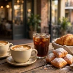 PJ's Coffee cups and pastries on a cafe counter