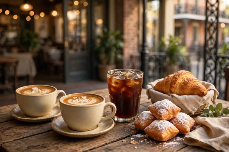 PJ's Coffee cups and pastries on a cafe counter