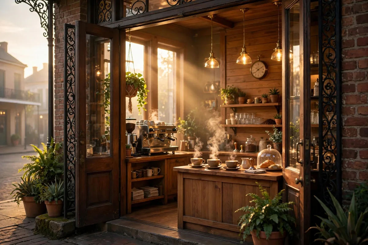 PJ's Coffee storefront at sunrise, typical opening hours