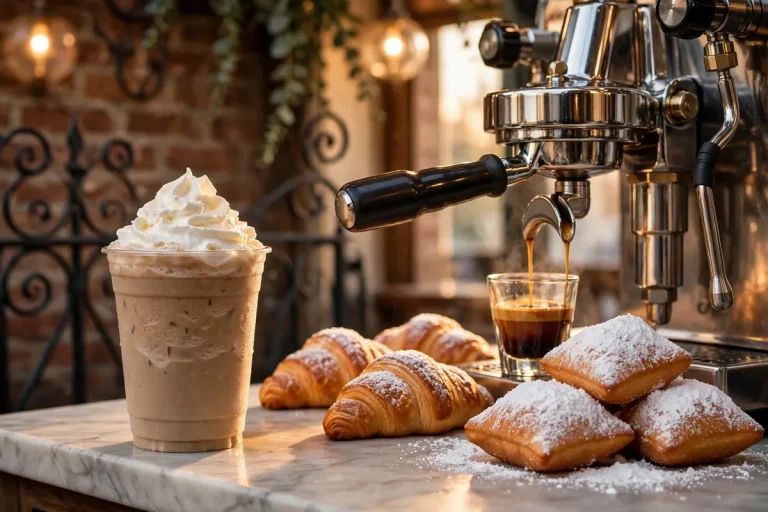 PJ's Coffee secret menu drinks: blended iced coffee with whipped cream, espresso and beignets on a café counter.