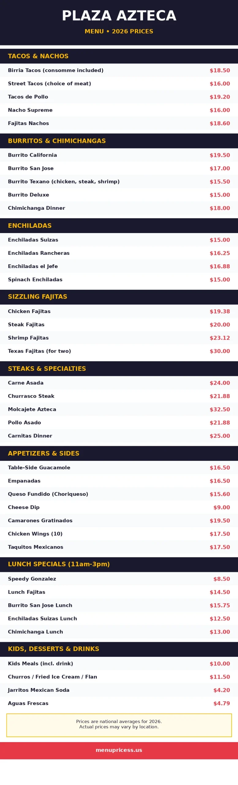 Plaza Azteca menu card with 2026 prices for tacos, burritos, fajitas and enchiladas