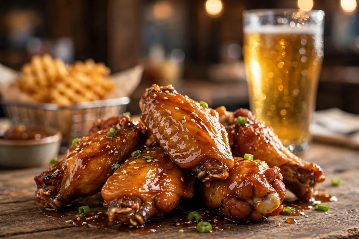 Pluckers Wing Bar menu prices, honey BBQ wings with waffle fries at a sports bar