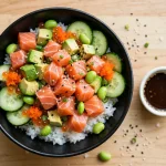 Poke Bros menu prices 2026 fresh salmon poke bowl with avocado and edamame