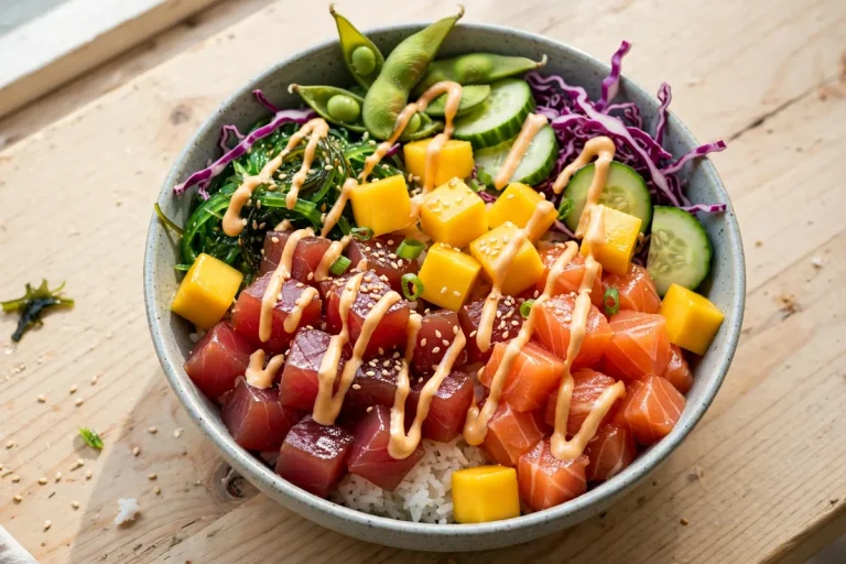 Pokeworks menu prices 2026 poke bowl with tuna, salmon, mango and edamame