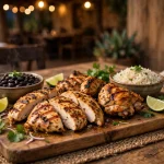 Pollo Campero grilled chicken with black beans, rice and lime