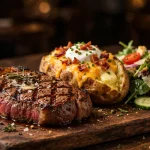 Ponderosa Steakhouse menu prices 2026 flame-grilled sirloin steak with baked potato and salad