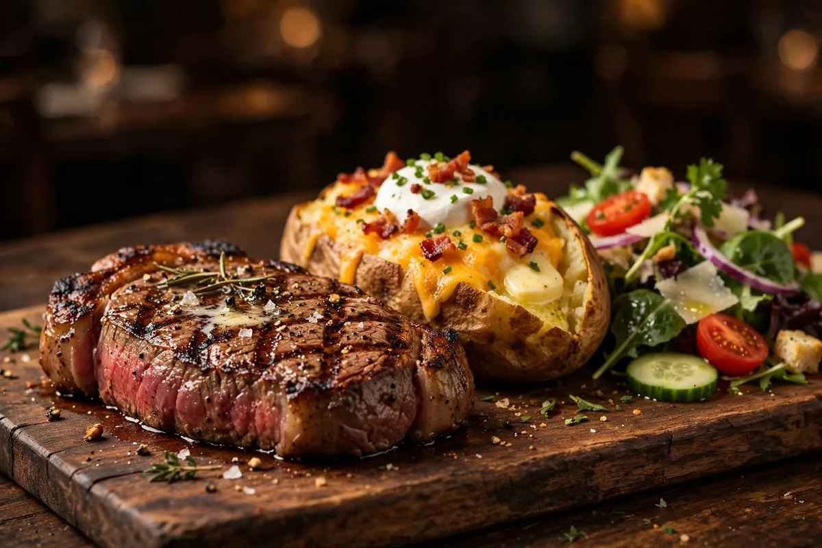 Ponderosa Steakhouse menu prices 2026 flame-grilled sirloin steak with baked potato and salad