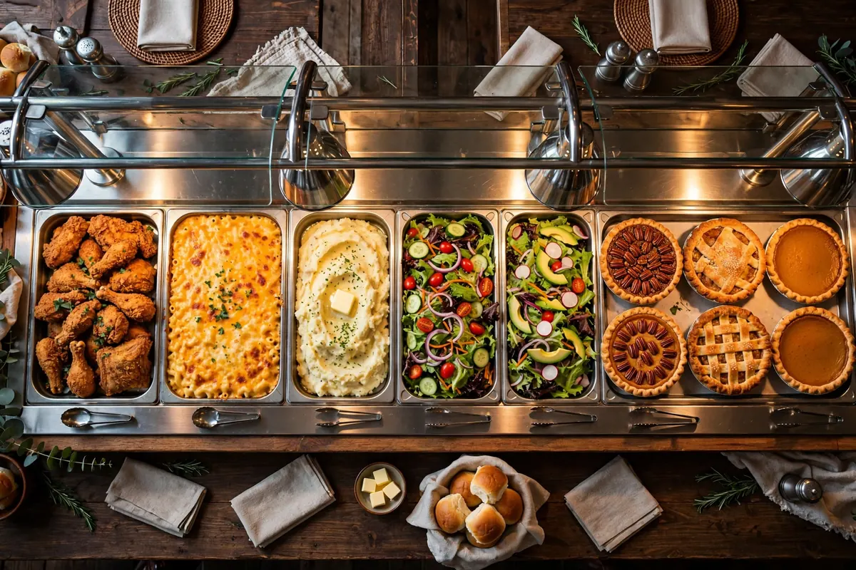 Ponderosa Steakhouse buffet line with fried chicken, sides and desserts