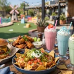 popstroke menu prices 2026 mini golf restaurant table spread cheeseburger wings nachos milkshakes