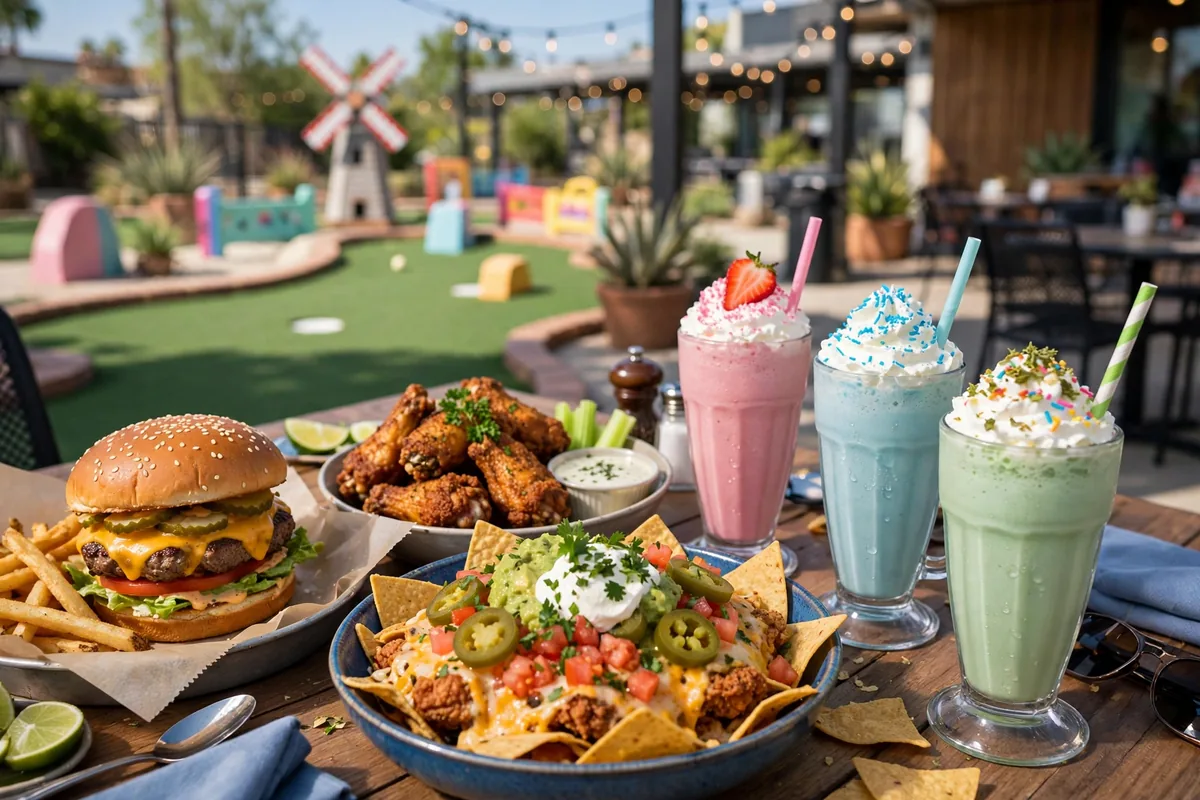 popstroke menu prices 2026 mini golf restaurant table spread cheeseburger wings nachos milkshakes