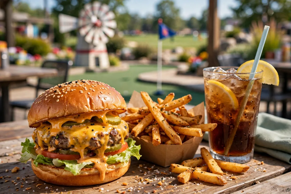 PopStroke menu prices 2026 cheeseburger with fries and a drink at a mini golf restaurant table