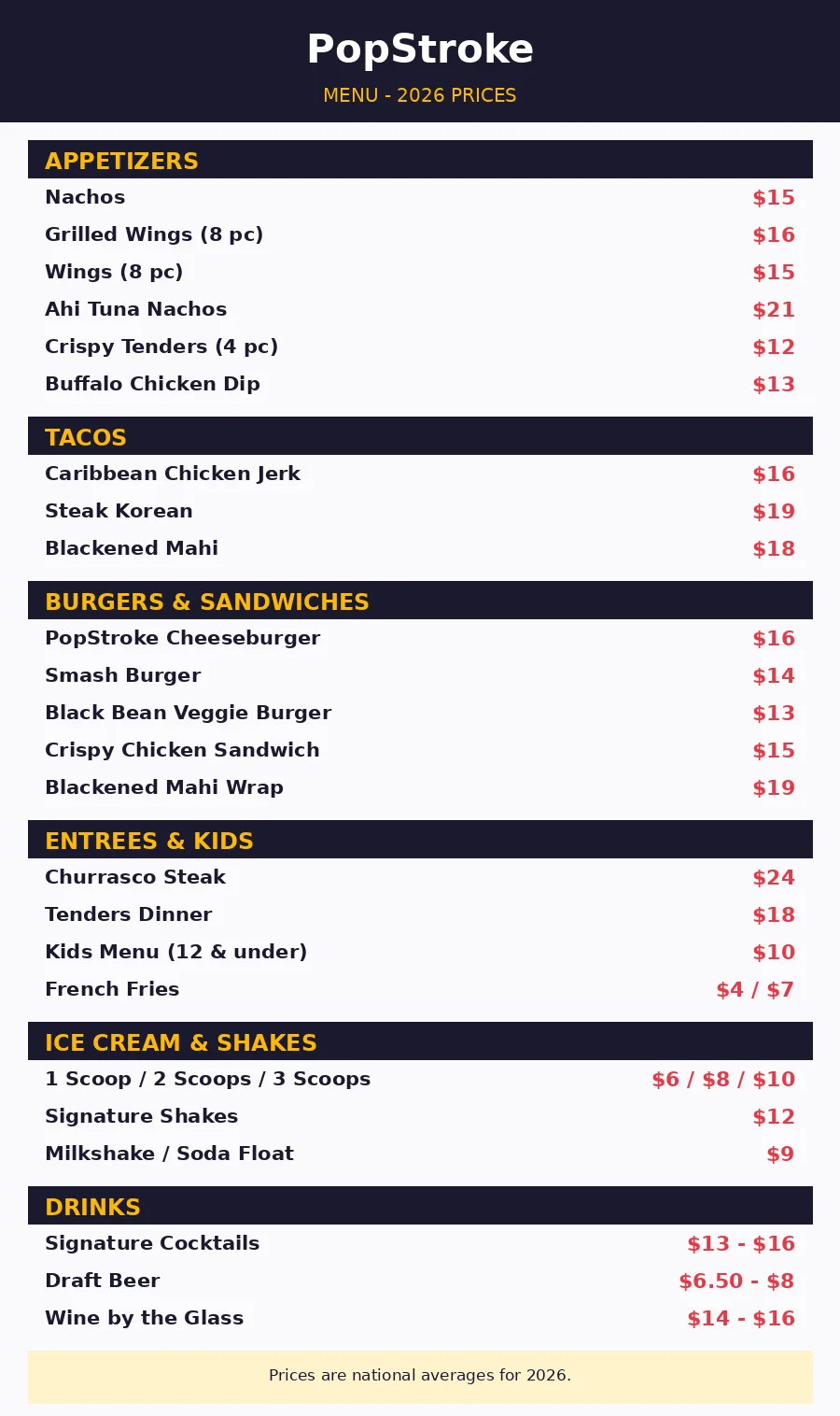 PopStroke menu prices 2026 menu card with appetizers tacos burgers entrees and ice cream