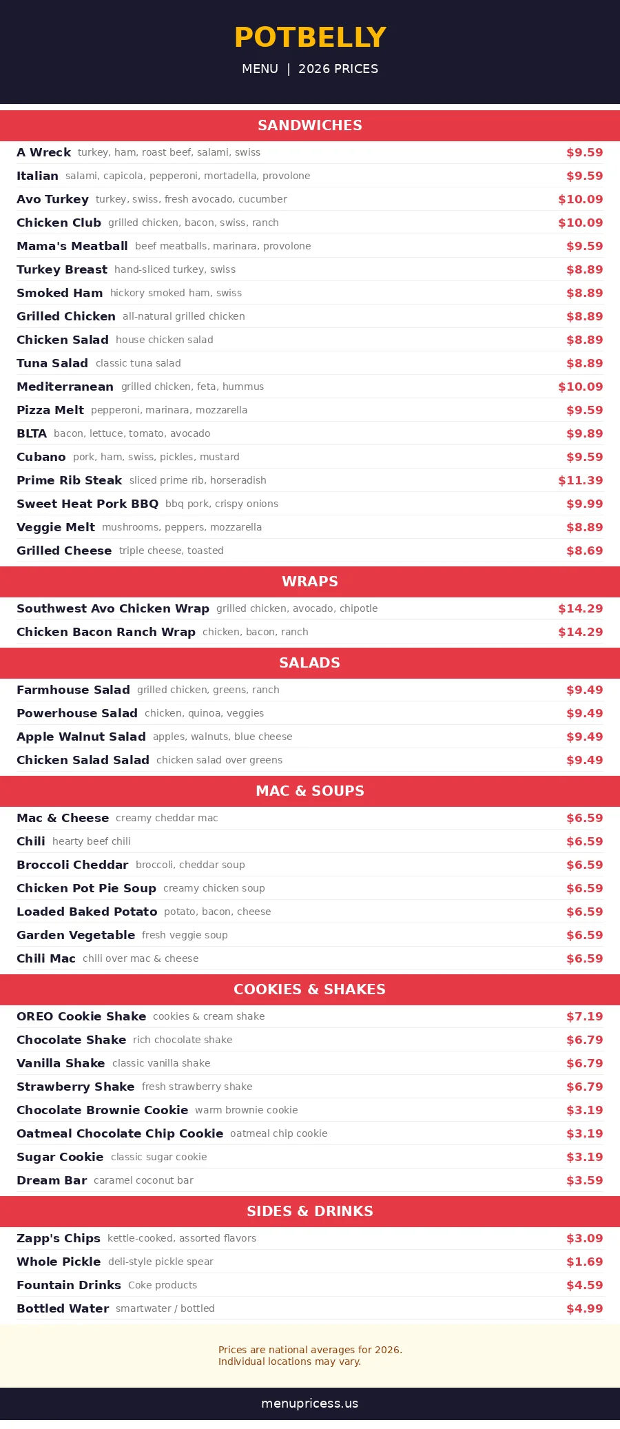 Potbelly menu card with 2026 prices