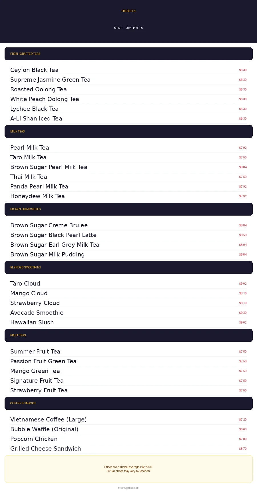 Presotea menu card with 2026 prices