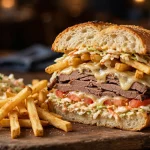 Primanti Bros menu - stacked sandwich with fries, coleslaw and tomato on Italian bread