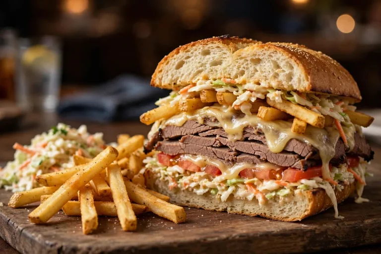 Primanti Bros menu - stacked sandwich with fries, coleslaw and tomato on Italian bread