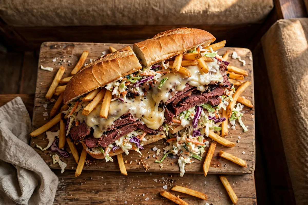 Primanti Bros secret menu sandwich with fries and coleslaw