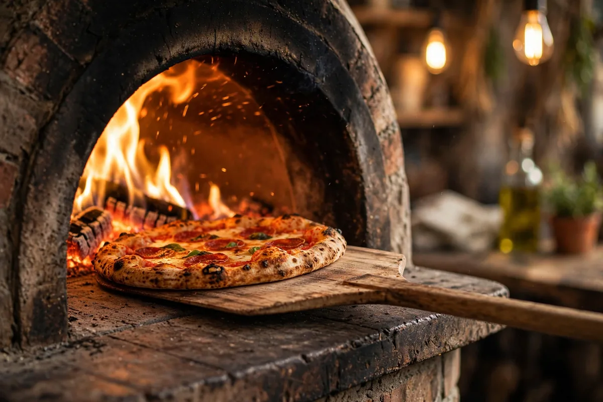 Pupatella wood fired pizza oven with Neapolitan pizza baking