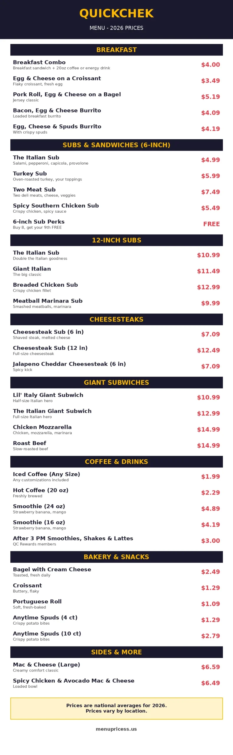 QuickChek menu prices 2026 menu card with sub sandwich prices