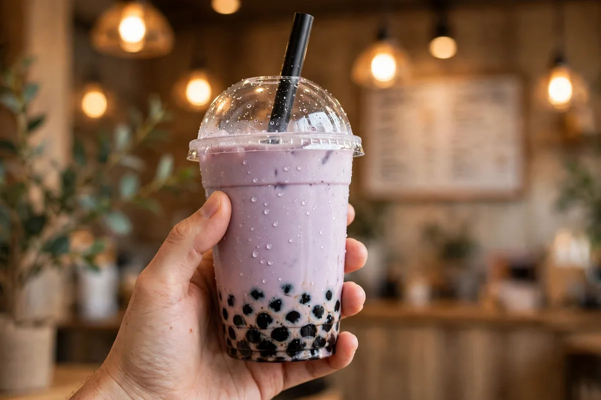 Quickly taro boba milk tea held inside a cozy bubble tea cafe