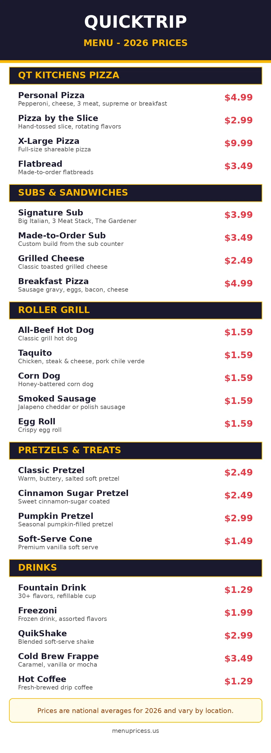 QuickTrip menu card with 2026 prices