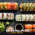 RA Sushi menu prices 2026 sushi rolls spread with rainbow roll and salmon nigiri