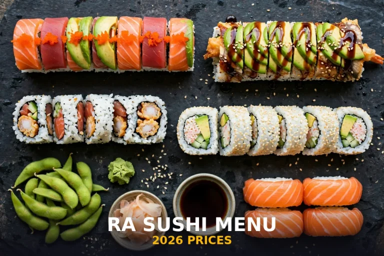 RA Sushi menu prices 2026 sushi rolls spread with rainbow roll and salmon nigiri