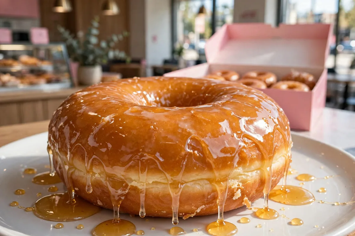 Randy's Donuts Texas glazed donut close up with menu prices 2026