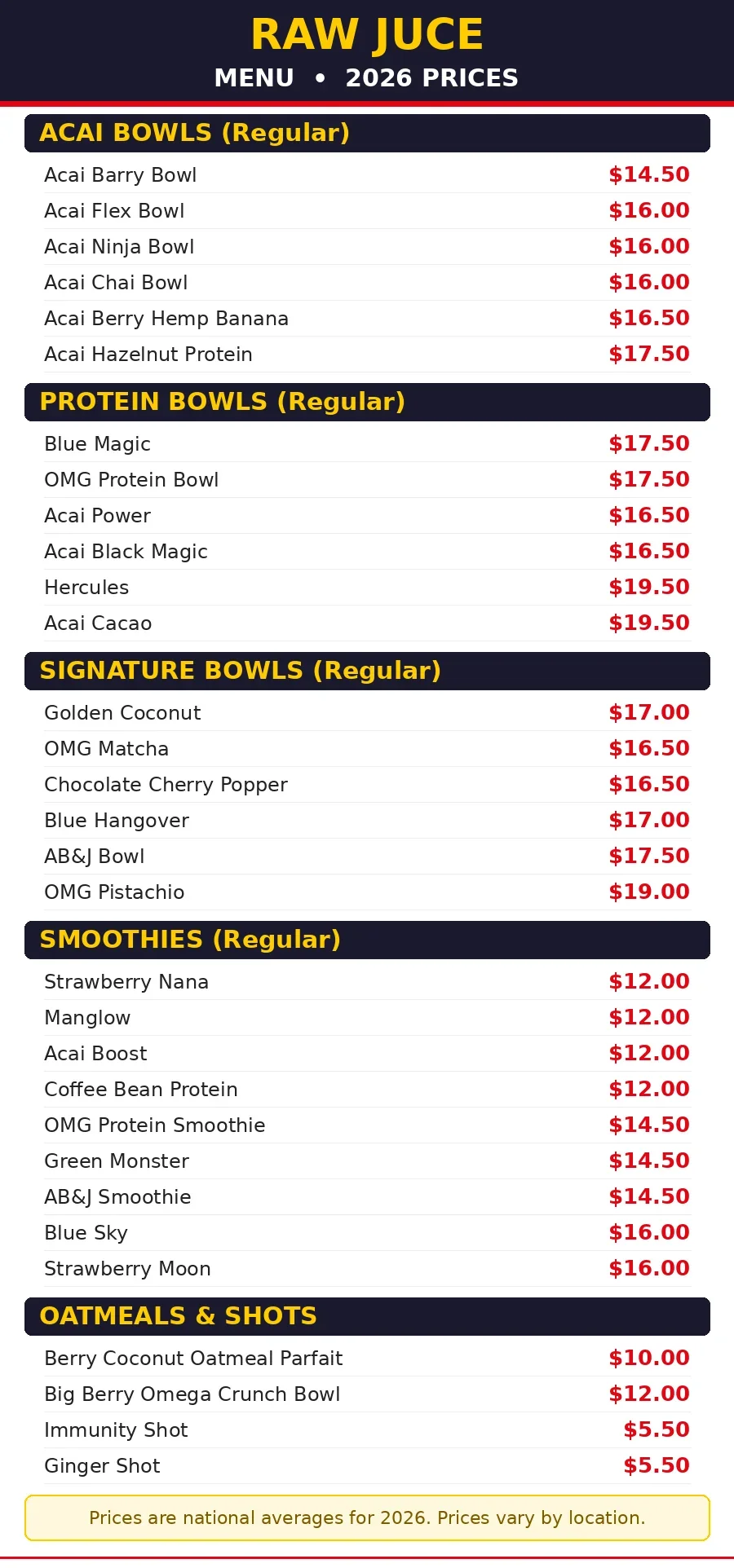 Raw Juce menu card with 2026 prices, acai bowls, smoothies and juices