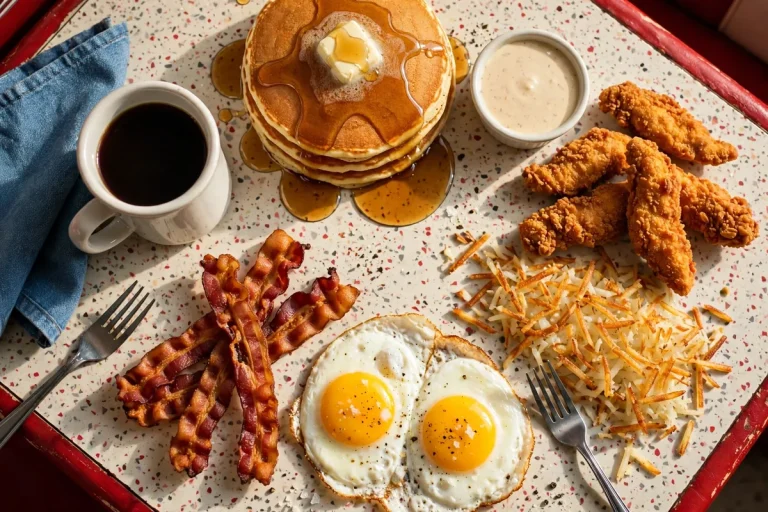 Red Arrow Diner menu prices 2026 breakfast spread with pancakes, eggs, bacon and chicken tenders