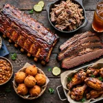 Red Hot and Blue menu prices 2026: smoked ribs, brisket, pulled pork and sides spread