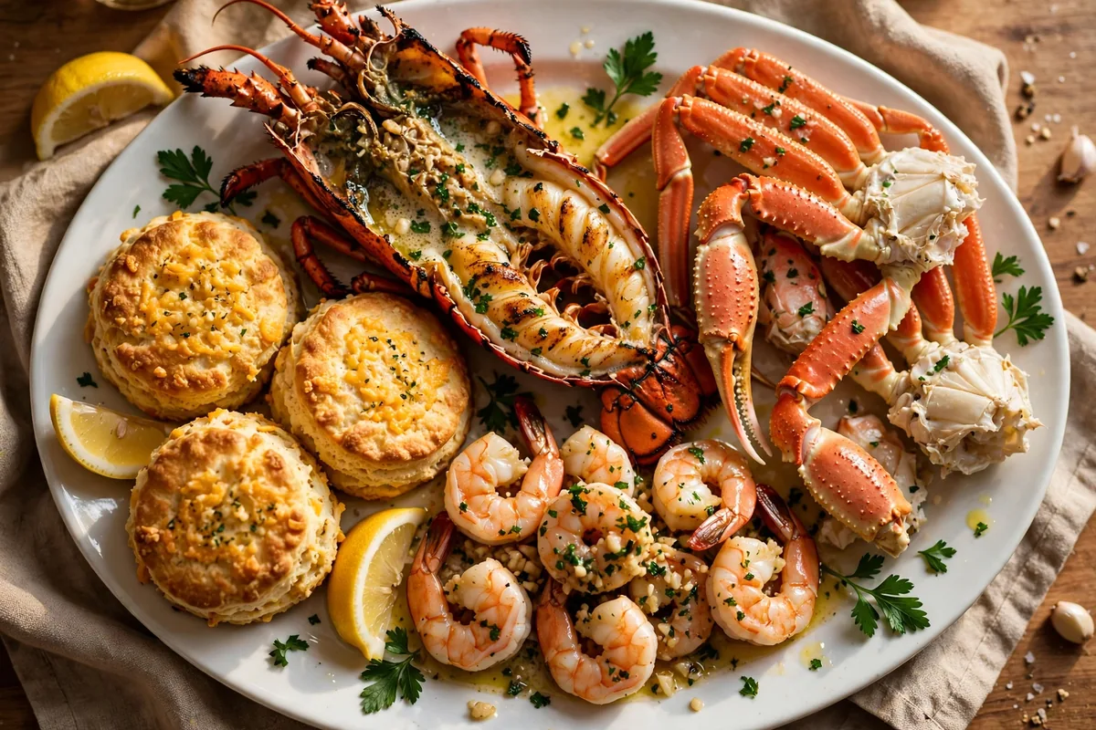 Red Lobster menu prices 2026 seafood feast with lobster tail shrimp crab and Cheddar Bay biscuits