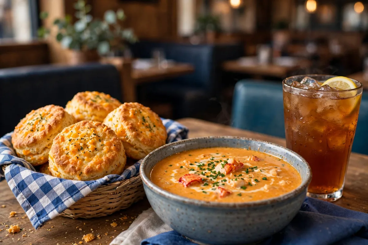 Red Lobster menu prices 2026 Cheddar Bay biscuits and lobster bisque on a restaurant table