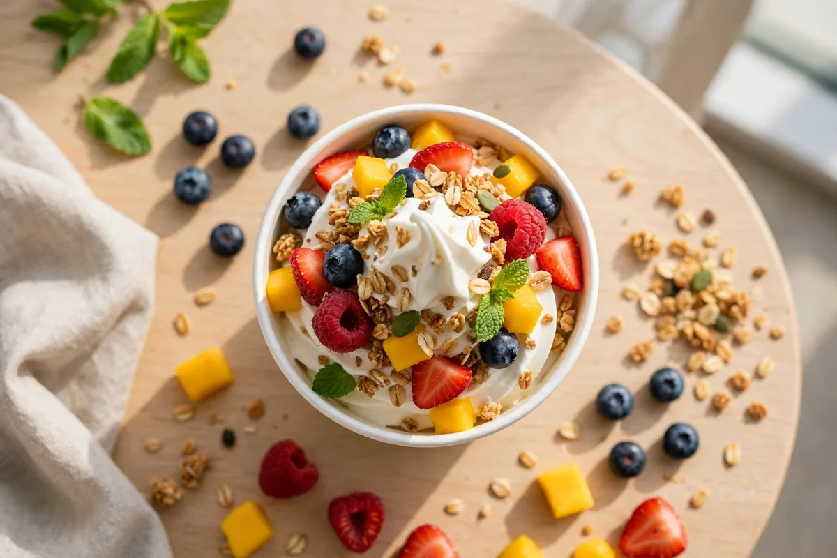 Red Mango frozen yogurt cup with berries and granola, menu prices 2026