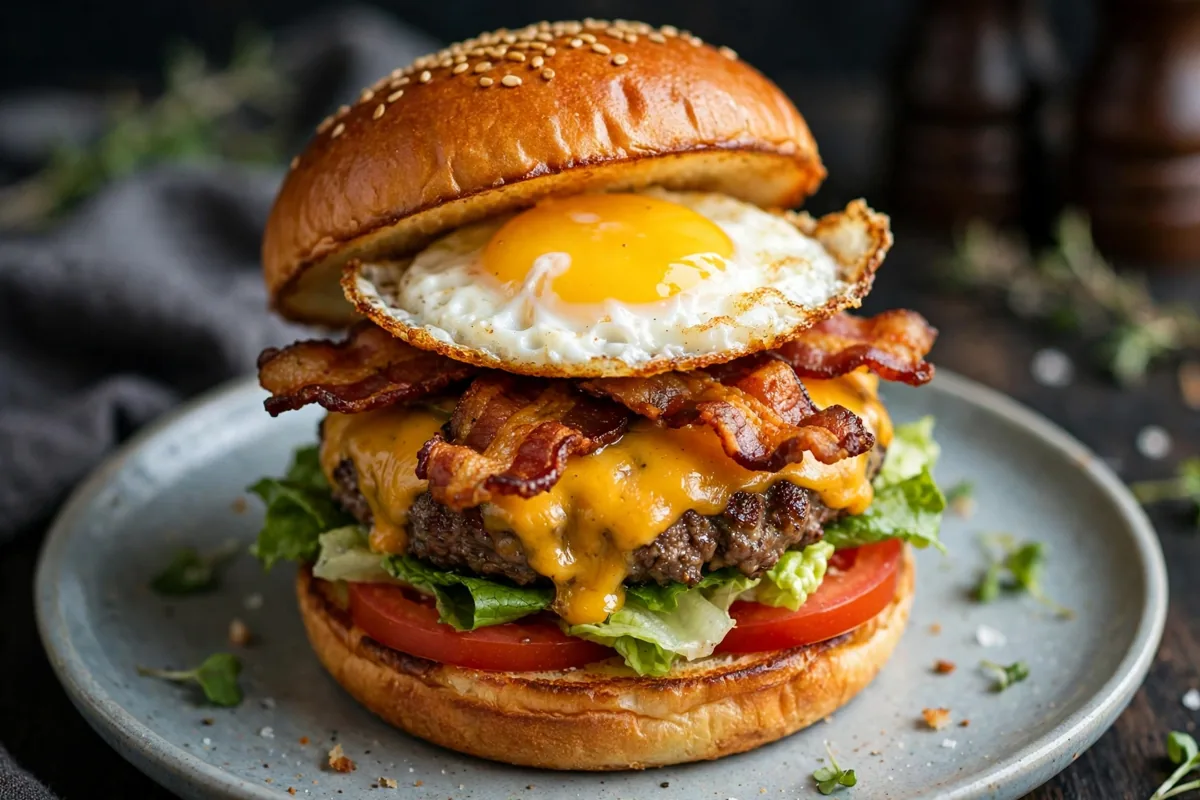 Red Robin secret menu burger topped with a fried egg and bacon