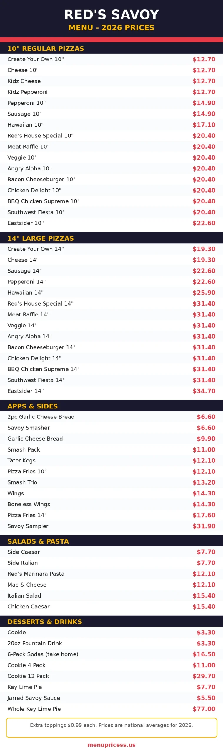 Reds Savoy pizza menu 2026 price card with full menu and prices