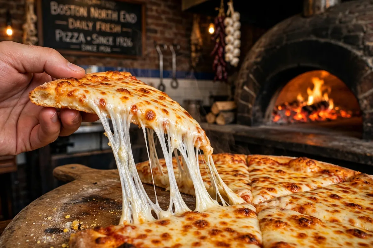 Regina Pizzeria menu pizza slice with cheese pull from brick oven