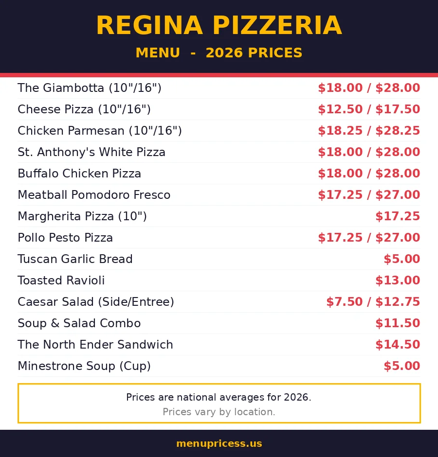 Regina Pizzeria menu card prices 2026